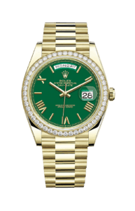 Rolex Day-Date 40 Yellow Gold Presidential Bracelet Matte Green Roman Dial w/ Diamond Bezel
Ref. 228348RBR-0040