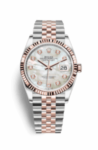 Rolex Datejust 36 Stainless Steel and Rose Gold White Mother Of Pearl Diamond Dial Jubilee Fluted Bezel
Ref. 126231-0021