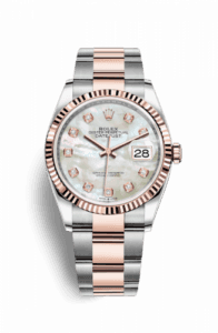 Rolex Datejust 36 Stainless Steel and Rose Gold White Mother Of Pearl Diamond Dial Oyster Fluted Bezel
Ref. 126231-0022