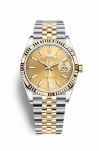 Rolex Datejust 36 Stainless Steel and Yellow Gold Champagne Index Dial Jubilee Fluted Bezel
Ref. 126233-0015