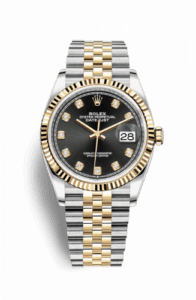 Rolex Datejust 36 Stainless Steel and Yellow Gold Black Diamond Dial Jubilee Fluted Bezel
Ref. 126233-0021