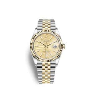 Rolex Datejust 36 Stainless Steel and Yellow Gold Champagne Palm Leaf Motif Index Dial Jubilee Fluted Bezel
Ref. 126233-0037