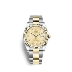 Rolex Datejust 36 Stainless Steel and Yellow Gold Champagne Motif Diamond Dial Oyster Fluted Bezel
Ref. 126233-0046