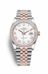 Rolex Datejust 36 Stainless Steel and Rose Gold White Roman Dial Jubilee Diamond Bezel
Ref. 126281RBR-0003