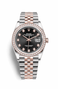 Rolex Datejust 36 Stainless Steel and Rose Gold Black Diamond Dial Jubilee Diamond Bezel
Ref. 126281RBR-0007