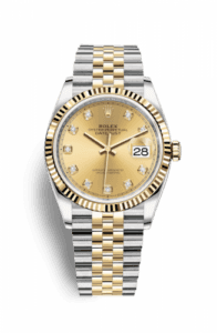 Rolex Datejust 36 Stainless Steel and Yellow Gold Champagne Diamond Dial Jubilee Fluted Bezel
Ref. 126233-0017