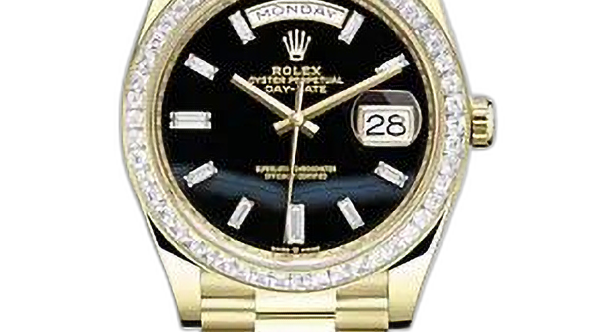 ONYX. Rolex Day Date Yellow Gold Onyx Dial Day Date Factory Set  Bezel/Baguette Markers REF: #228398TBR